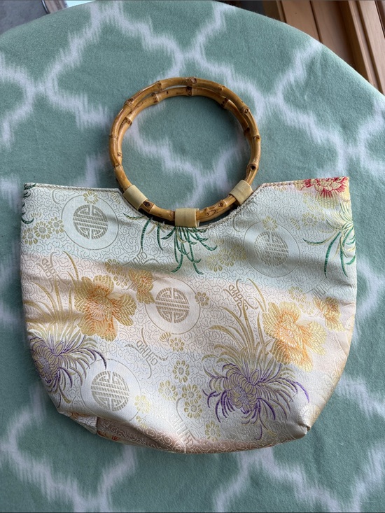 Handbags - Satin Floral Bamboo-Handle Tote Bag in Ivory and Pastel Asian Auspicious Symbols